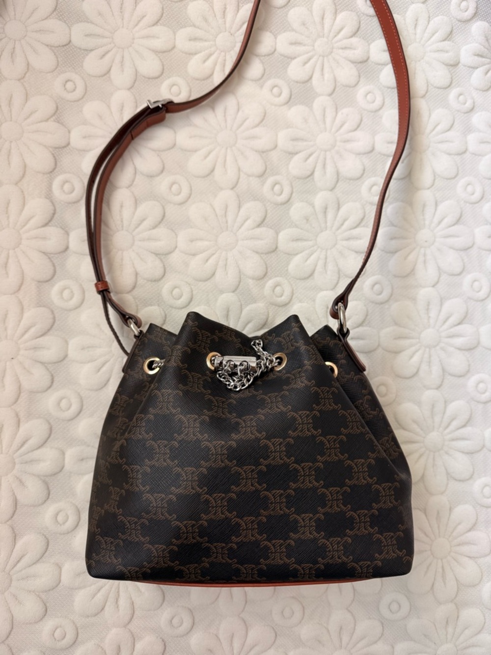 Drawstring Bucket Bag Brown Monogram Crossbody Shoulder Bag Lightweight PVC